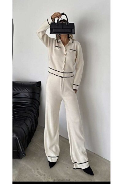 Cemre Life Women's Minimal Stripe Detailed Knitwear Double Suit Cardigan and High Waist Pants