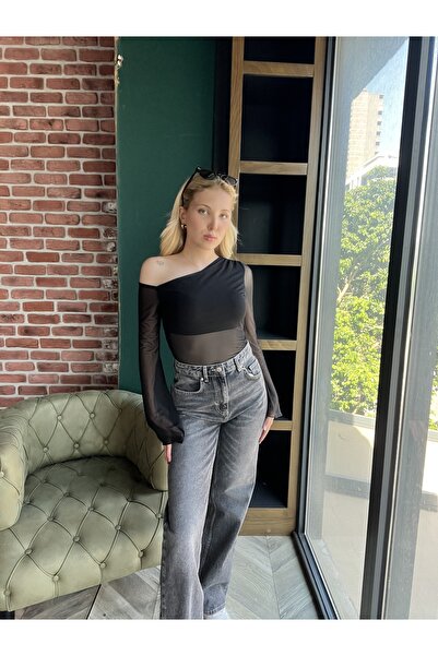 BRN Butik Kadın Siyah Tül Kol Detaylı Uzun Kollu Bluz