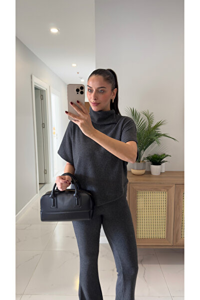 BİRCANÇİL Dlvin Sia Anthracite Asymmetrical Cut Knitted Trouser Set