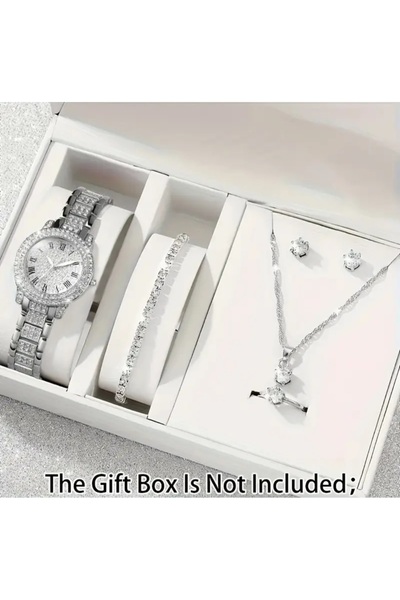 stainless steell VİP gümüş renk 6 parça şık kuvars saat parlak kolye küpe bil...