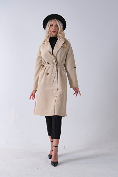 Feminist Önden Düğme Kapamalı Yandan Cepli Kuşaklı Uzun Trenç Bej 4200823