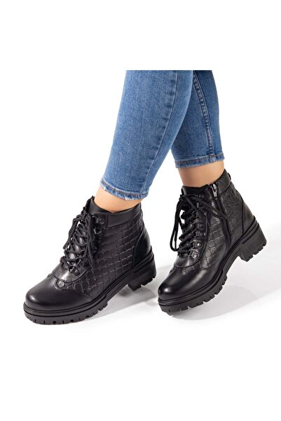 Modlet.ro Дамски черни ботуши с връзки и цип от естествена кожа MOD10790