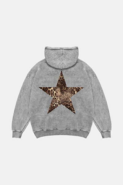 Sekizbiraltı Back Printed Leopard Star Printed Oversize Unisex Washable White Hoodie