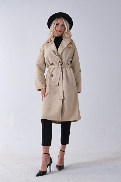 Feminist Önden Düğme Kapamalı Yandan Cepli Kuşaklı Uzun Trenç Bej 4200823