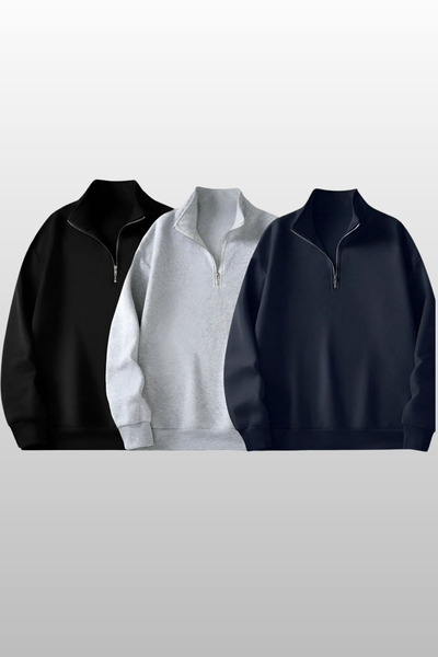 MODAGEN Unisex 3'lü Siyah Grimelanj Lacivert Dik Yaka Yarım Fermuar Sweatshirt