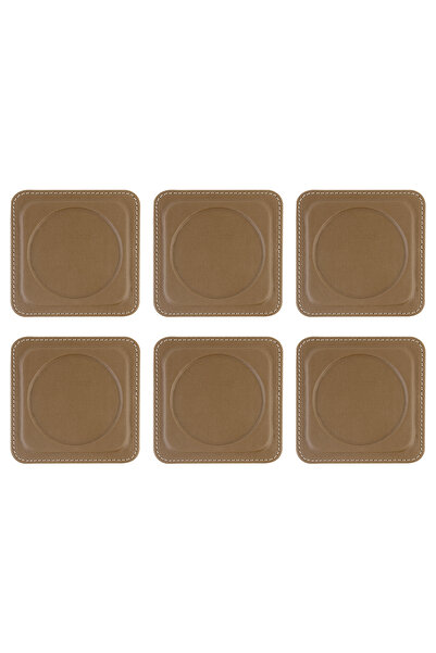 2K Coasters, Set of 6, Desktop Round Cup Coaster, Vegan Faux Leather, 11X11 Cm., Mink