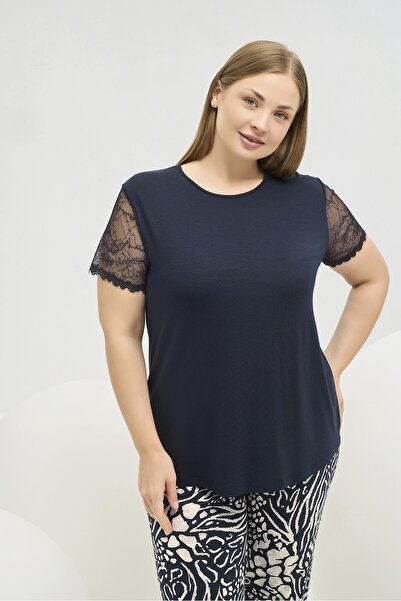 Sevim Women's Plus Size Navy Blue Lace Detailed Crew Neck Short Sleeve Pajama Set C9T1N761