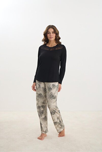 Sevim Жіночий чорний верх з мереживними деталями, довгі рукави, комір-стійка, піжамний комплект з візерунком C4T1N261