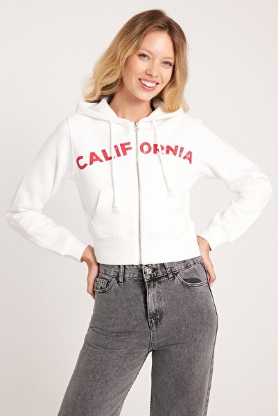 Tudors Women's slim fit cropped cotton hooded printed ecru cardigan