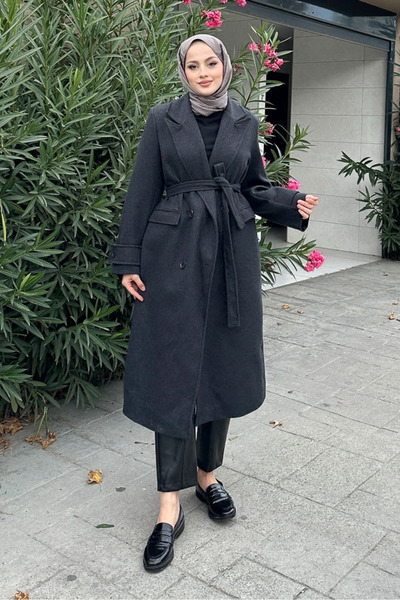 Ovn. Geniş Manşetli Kaşe Kaban - Antrasit