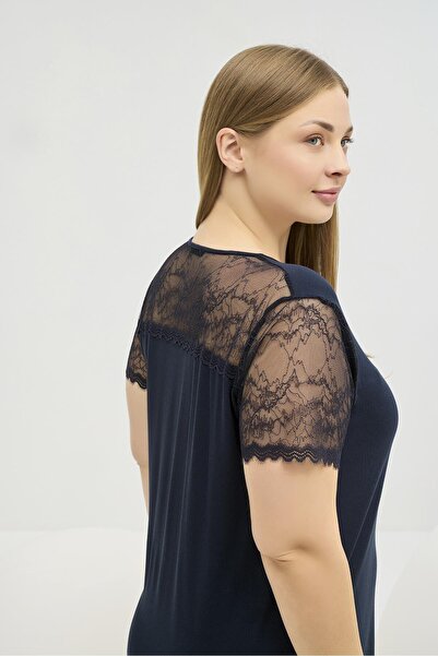 Sevim Set de pijamale cu mâneci scurte, cu decolteu, cu dantelă, albastru bleumarin, mărime mare, pentru femei C9T1N761