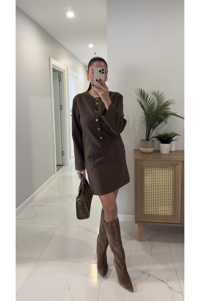 BİRCANÇİL Fulla Haki Çıtçıt Düğme Detaylı Detaylı Elbise