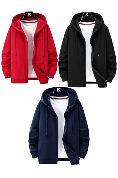Karatopak 3'lü Kapüşonlu Unisex Fermuarlı Sweatshirt / Hırka