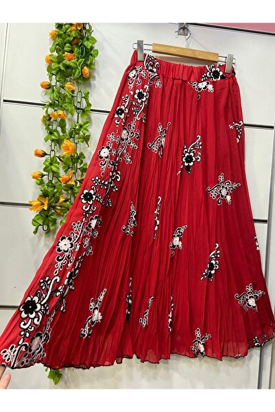 edu collection Red Chiffon with See-Through Details, A-Line Skirt with Lining