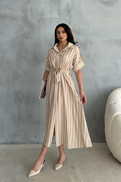 Ortaya Çık Φόρεμα πουκάμισο με λεπτομέρεια σε μπεζ χρώμα και ζώνη