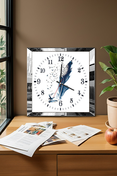 Zevahir Mobilya Dekorasyon Silver Framed Blue Feather and Hummingbird Themed Decorative Mdf Wall Clock