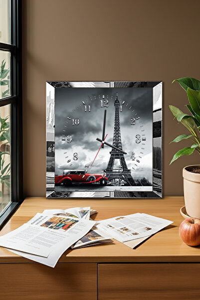 Zevahir Mobilya Dekorasyon Ceas de perete decorativ din MDF cu tematică Turnul Eiffel cu cadru argintiu