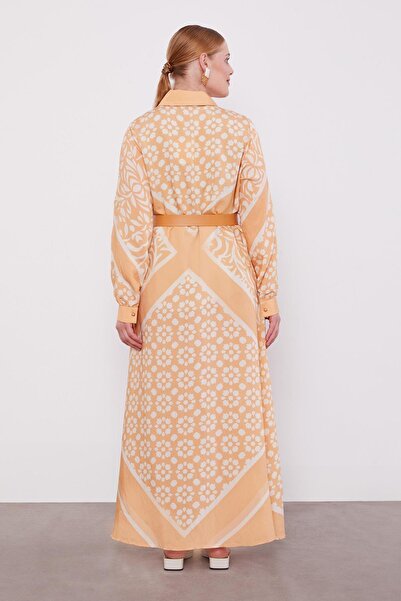 Levidor Safran Yakası Taş Detaylı Desenli Elbise