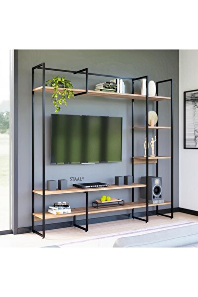 MAVİ TREND Metal Tv Ünitesi, Tv Sehpası, Duvar Ünitesi Atlantik Çam Metal Aya...