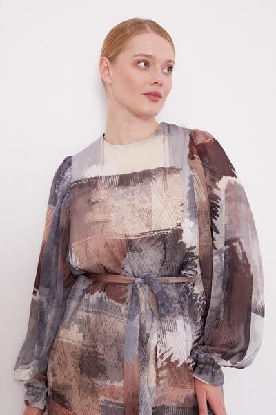 Levidor Gri Karışık Fırça Desen Şifon Tunik