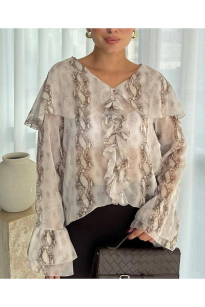 Astrea Butik Crocodile Pattern Cloak Collar Chiffon Blouse