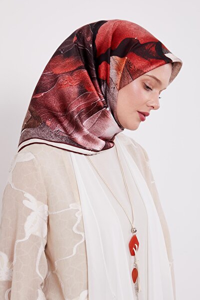 Levidor وشاح حريري بنمط تويل مخطط تجريدي باللون العنابي