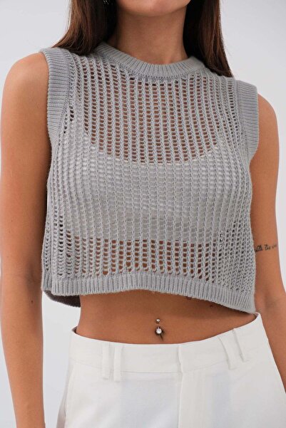 Maxi modena Openwork Gray Crop Sweater