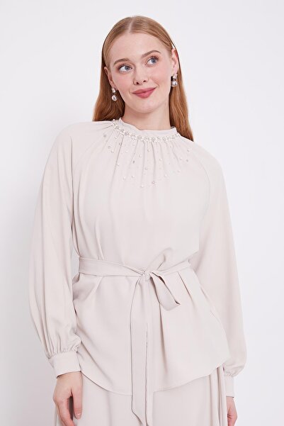 Levidor Σετ φούστα με λεπτομέρεια με μπεζ μαργαριτάρι γιακά