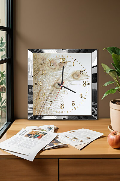 Zevahir Mobilya Dekorasyon ساعة حائط ديكورية من MDF بإطار فضي وتصميم يشبه الريش بموضوع الزمن