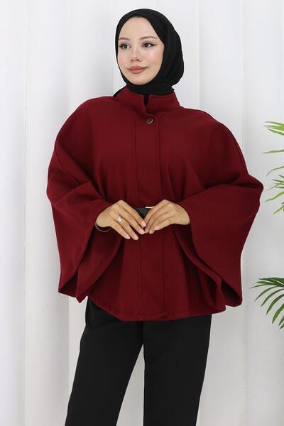 hafsamina Belted Cashmere Poncho Burgundy Hm2842