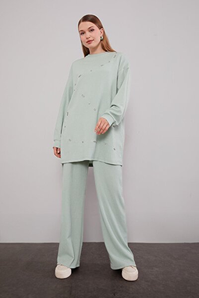 Levidor Mint Yeşili Şerit Taş Detaylı İkili Takım