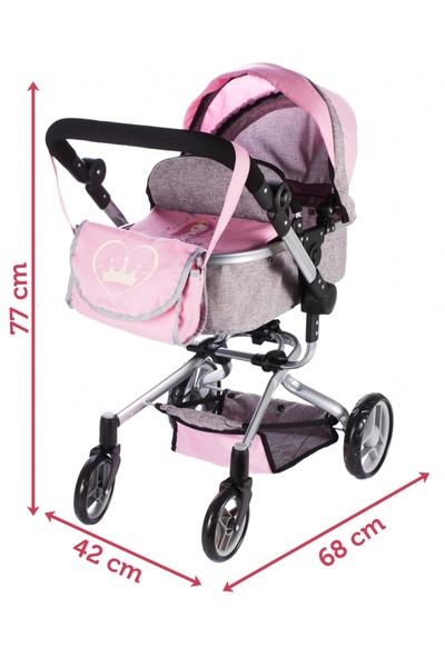 MalPlay 2 in 1 doll stroller, foldable, with adjustable backrest and hood, metal frame, wheels