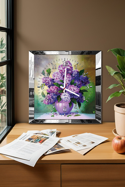 Zevahir Mobilya Dekorasyon Silver Framed Purple Floral Purple Vase Themed Decorative Mdf Wall Clock