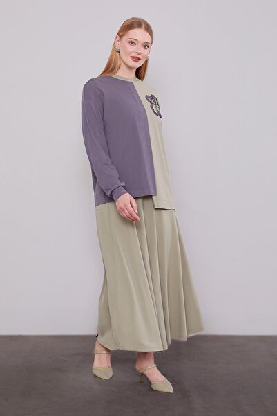 Levidor Çağla Yeşili İki Renkli Asimetrik Etekli Takım