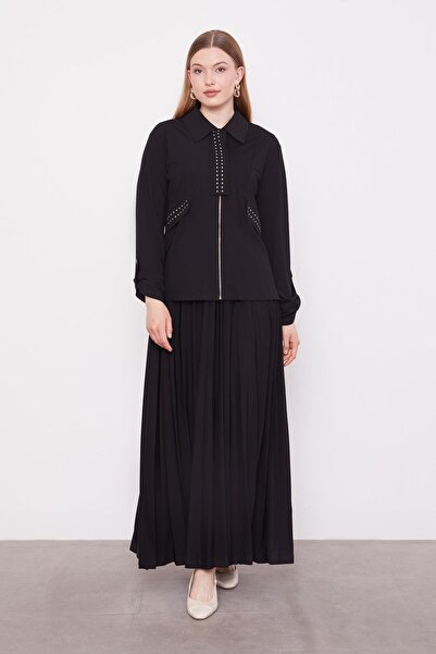 Levidor Black Stone Collar Detail Pleated Skirt Set