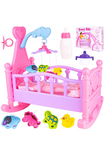 MalPlay Patut de tip balansoar pentru papusi, cu carusel suspendat, suzeta si biberon incluse, Sweet Baby, 5