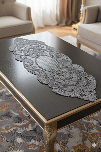 Çt Çeyizci Tekstil French Lace Single Runner, Coffee Table Cover, Table Top Runner, Dowry Runner Gray Color