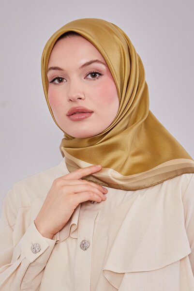 Levidor Oil Green Twill Silk Scarf with Border Trim