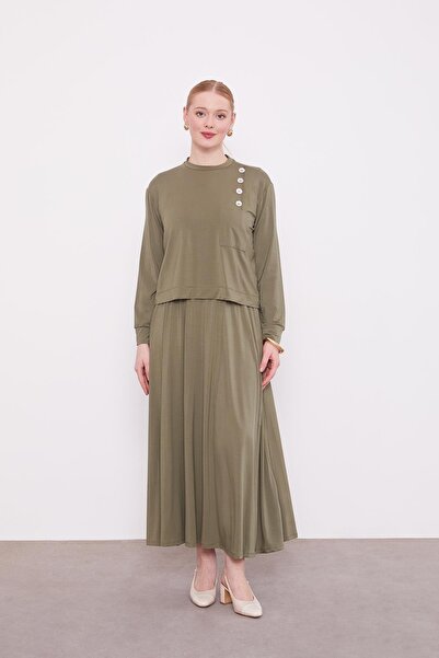 Levidor Khaki Shoulder Button Detailed Skirt Set