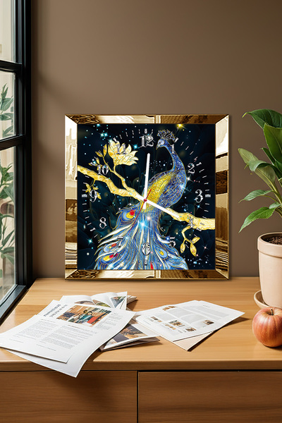 Zevahir Mobilya Dekorasyon Ceas de perete decorativ din MDF cu tematică Elegance of the Peacock, cu cadru auriu