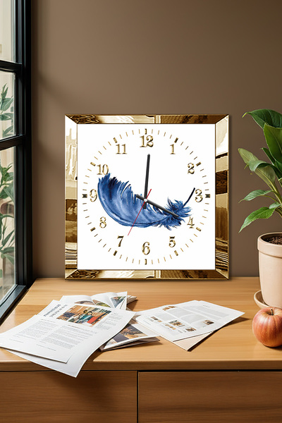 Zevahir Mobilya Dekorasyon Gold Framed Blue Feather Themed Decorative Mdf Wall Clock