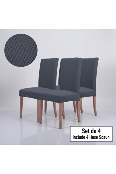 OEM Set de 4 huse decorative elastice pentru scaune gri cu relief în carouri – pentru scaune fără brațe
