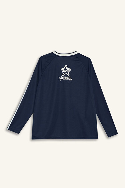 DeFacto F8752 Navy Blue Coool Oversize Wide Fit V-Neck Printed Long Sleeve T-Shirt