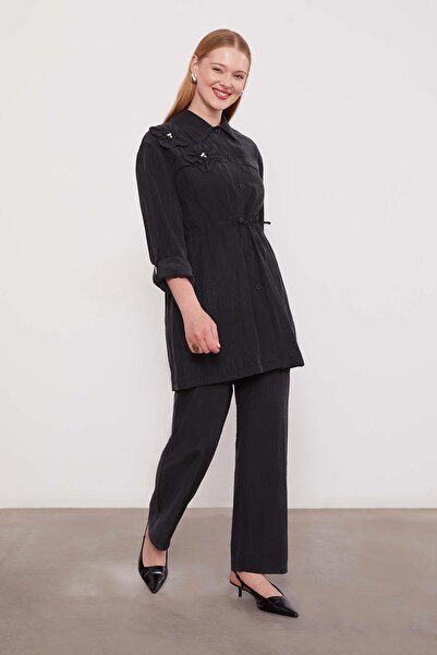 Levidor Black Embroidered Shoulder Detail Cupra Two-Piece Set