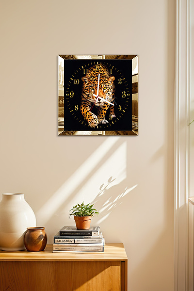 Zevahir Mobilya Dekorasyon Gold Çerçeveli Leopar Temalı Dekoratif MDF Duvar Saati