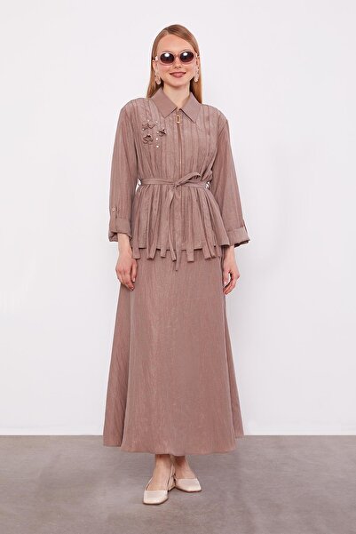 Levidor Kahve Yakası Taş Detaylı Cupra Etek Takım