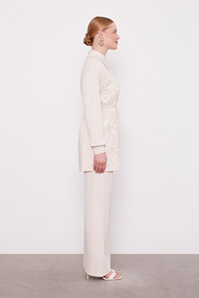 Levidor Bej Çiçek İşlemeli İkili Takım