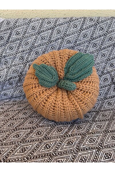 Patiska Tasarım El Yapımı Örgü Balkabağı Dekoratif Yastık 20x10 cm – Halloween Temalı, Boncuk Elyaf Dolgulu 2