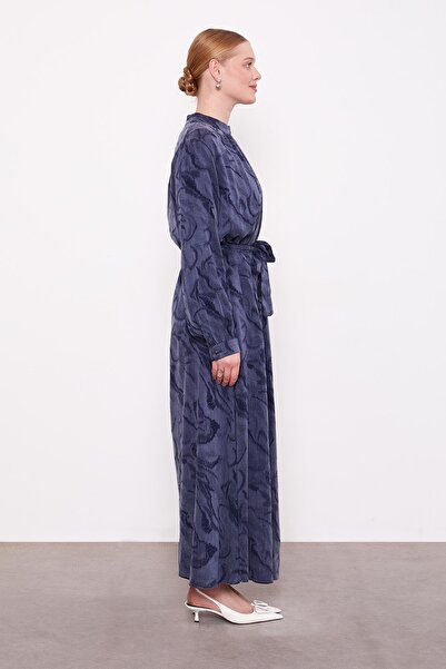 Levidor Lacivert Yakası Taş Detaylı Cupra Elbise