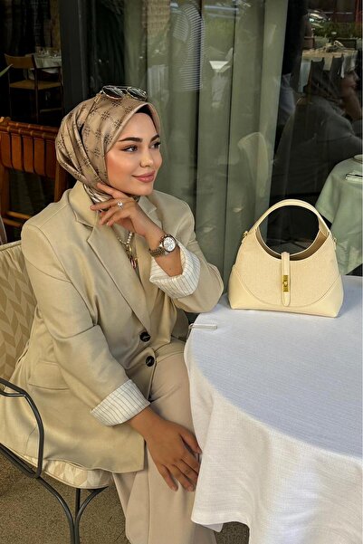 Levidor Latte Mini Yonca Desen Twill İpek Eşarp